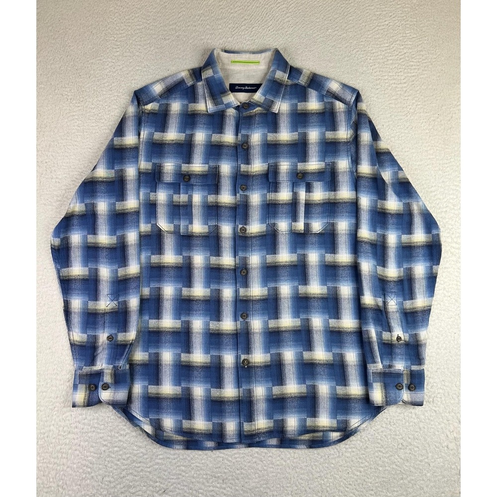 Tommy Bahama Shirt Mens Medium Blue Plaid Cotton Long Sleeve Button Up Casual